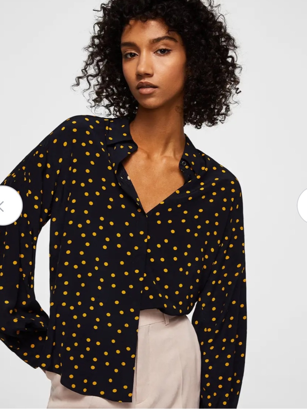 Mango French Girl Polka Dot Blouse Romantic Oversized Draped Button Down